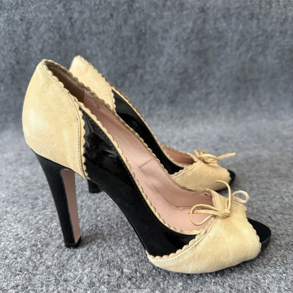 Red Valentino Peep Toe Pumps Patent Leather Black Beige Scalloped Bow Heels 37